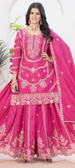 Pink and Majenta color Salwar Kameez in Chinon Silk fabric with Embroidered, Sequence, Thread work