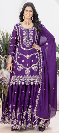 Purple and Violet color Salwar Kameez in Chinon Silk fabric with Embroidered, Sequence, Thread work