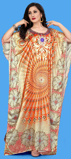 Beige and Brown color Kaftan in Satin Silk fabric with Digital Print, Stone work