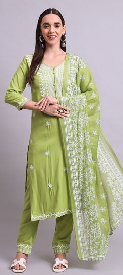 Green color Salwar Kameez in Cotton fabric with Embroidered, Resham, Thread work