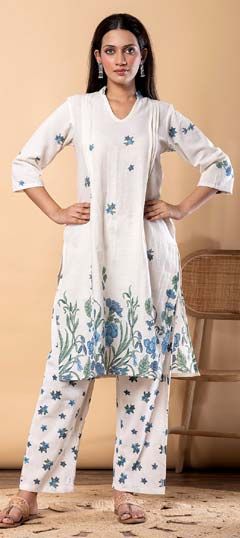Blue, White and Off White color Salwar Kameez in Cotton Flex fabric with Floral, Printed work