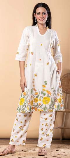 White and Off White, Yellow color Salwar Kameez in Cotton Flex fabric with Floral, Printed work