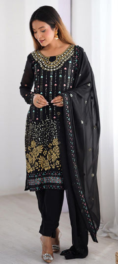 Black and Grey color Salwar Kameez in Faux Georgette fabric with Mirror, Sequence, Thread work
