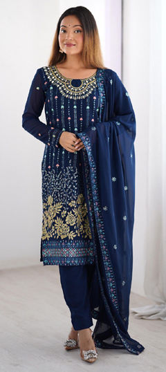 Blue color Salwar Kameez in Faux Georgette fabric with Mirror, Sequence, Thread work