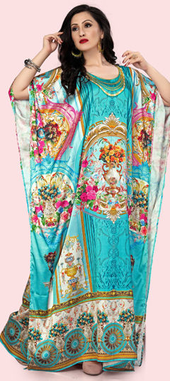 Blue color Kaftan in Satin Silk fabric with Digital Print, Floral, Stone work