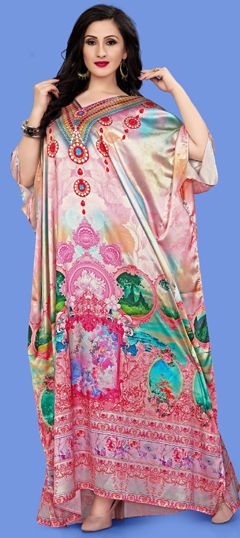 Pink and Majenta color Kaftan in Satin Silk fabric with Digital Print, Floral, Stone work