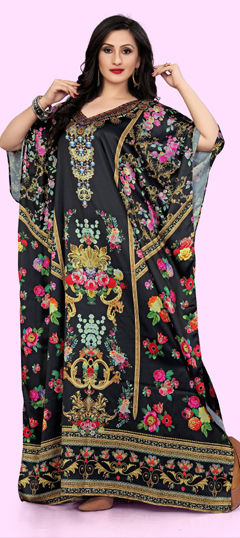 Black and Grey color Kaftan in Satin Silk fabric with Digital Print, Floral, Stone work