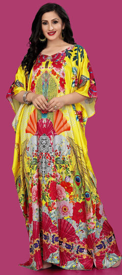 Yellow color Kaftan in Satin Silk fabric with Digital Print, Floral, Stone work