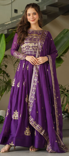 Purple and Violet color Gown in Chinon Silk fabric with Bugle Beads, Embroidered, Sequence, Thread work