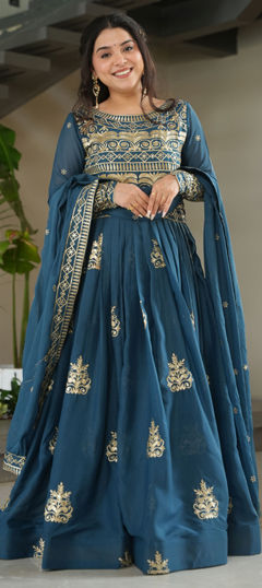 Blue color Gown in Chinon Silk fabric with Bugle Beads, Embroidered, Sequence, Thread work