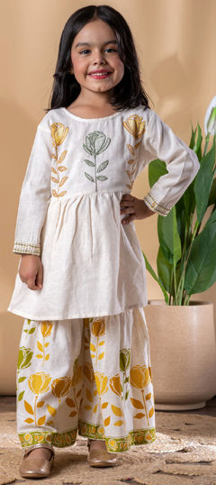 White and Off White color Girls Top with Bottom in Cotton Flex fabric with Embroidered, Floral, Printed work
