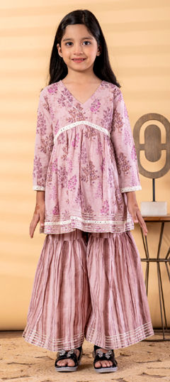 Purple and Violet color Girls Top with Bottom in Cotton fabric with Floral, Lace, Printed work