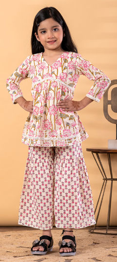 Purple and Violet, White and Off White color Girls Top with Bottom in Cotton fabric with Floral, Printed work