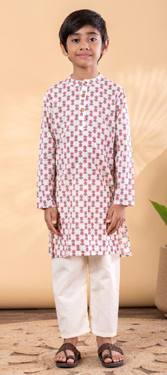 White and Off White color Boys Kurta Pyjama in Cotton fabric with Printed work