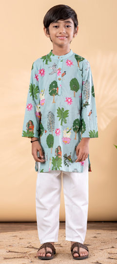 Green color Boys Kurta Pyjama in Cotton fabric with Printed work
