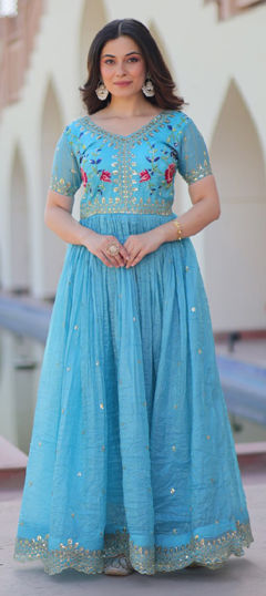 Blue color Gown in Crushed Silk fabric with Embroidered, Sequence, Thread, Zari work