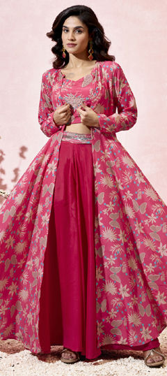 Pink and Majenta color Salwar Kameez in Crepe Silk fabric with Bugle Beads, Printed work