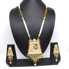 Gold Rodium Polish Green, Red and Maroon color Necklace in Brass studded with Kundan, Pearl