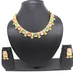 Gold Rodium Polish Green, Red and Maroon color Necklace in Brass studded with Kundan, Pearl