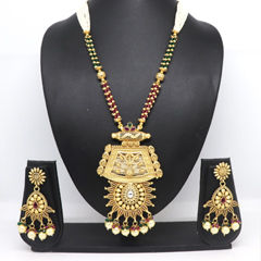 Gold Rodium Polish Green, Red and Maroon color Necklace in Brass studded with Kundan, Pearl