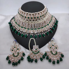 Gold Rodium Polish Green color Necklace in Metal Alloy studded with CZ Diamond, Pearl