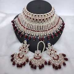 Gold Rodium Polish Red and Maroon color Necklace in Metal Alloy studded with CZ Diamond, Pearl