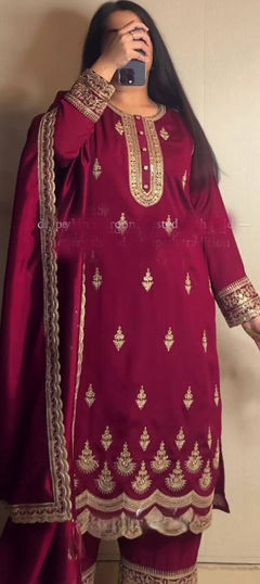 Red and Maroon color Salwar Kameez in Crepe Silk fabric with Embroidered, Sequence, Thread, Zari work