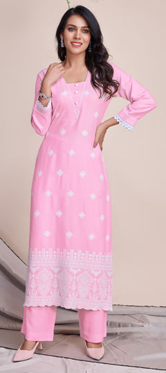 Pink and Majenta color Kurti in Rayon fabric with Embroidered, Resham, Thread work