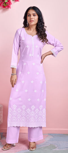 Pink and Majenta color Kurti in Rayon fabric with Embroidered, Resham, Thread work