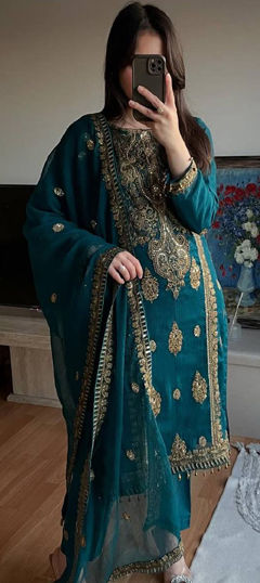 Green color Salwar Kameez in Chinon Silk fabric with Embroidered, Sequence, Thread, Zari work