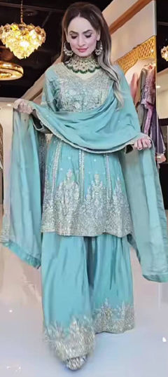 Blue color Salwar Kameez in Chiffon fabric with Embroidered, Sequence, Thread, Zari work