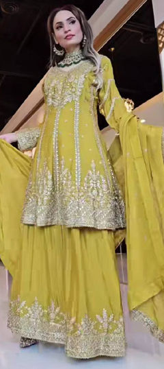 Yellow color Salwar Kameez in Chinon Silk fabric with Embroidered, Sequence, Thread, Zari work