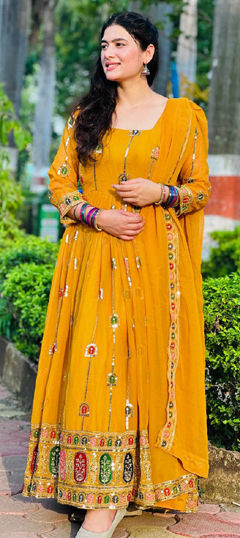 Yellow color Gown in Georgette fabric with Embroidered, Sequence, Thread work
