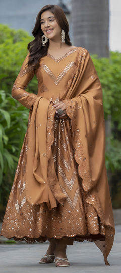 Beige and Brown color Salwar Kameez in Chinon Silk fabric with Sequence, Thread work