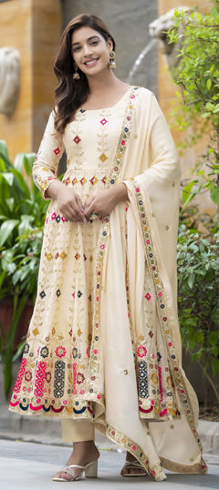 White and Off White color Salwar Kameez in Chinon Silk fabric with Embroidered, Sequence, Thread work