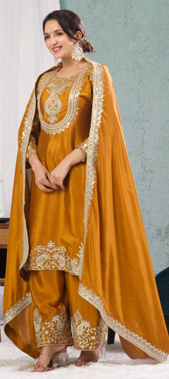 Yellow color Salwar Kameez in Chinon Silk fabric with Embroidered, Sequence, Thread, Zari work