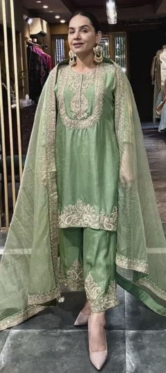 Green color Salwar Kameez in Chinon Silk fabric with Embroidered, Sequence, Thread, Zari work