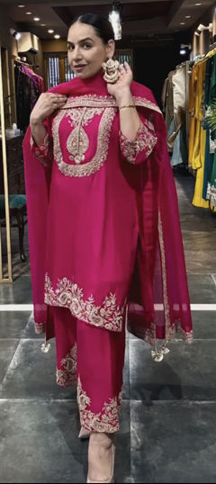 Pink and Majenta color Salwar Kameez in Chinon Silk fabric with Embroidered, Sequence, Thread, Zari work
