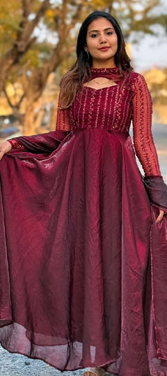 Red and Maroon color Gown in Muslin fabric with Embroidered, Sequence, Thread work