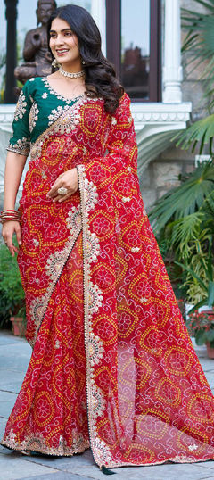 Red and Maroon color Saree in Georgette fabric with Bandhej, Embroidered, Printed, Thread, Zari work
