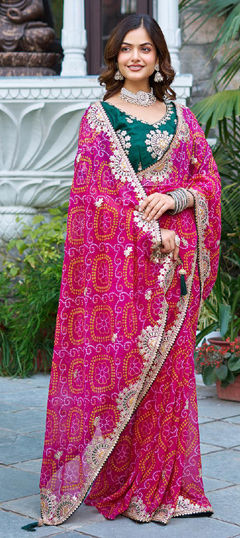 Pink and Majenta color Saree in Georgette fabric with Bandhej, Embroidered, Printed, Thread, Zari work