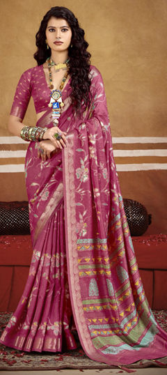 Pink and Majenta color Saree in Silk fabric with Printed, Weaving work