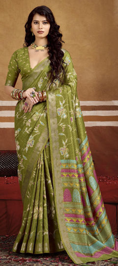 Green color Saree in Silk fabric with Printed, Weaving work