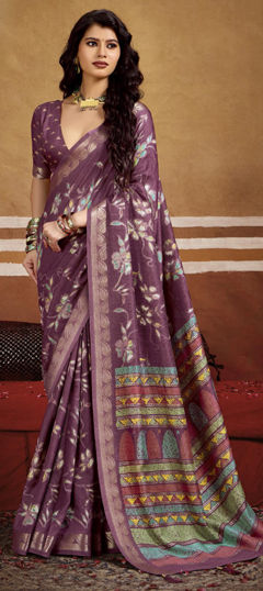 Purple and Violet color Saree in Silk fabric with Printed, Weaving work