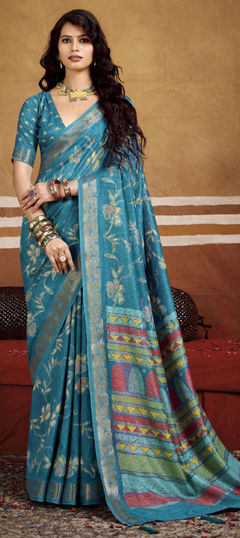 Blue color Saree in Silk fabric with Printed, Weaving work