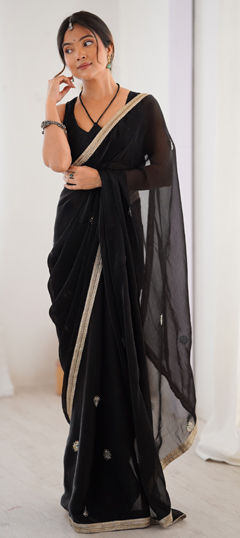 Black and Grey color Saree in Chiffon fabric with Bugle Beads, Moti, Sequence work