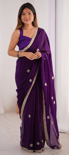Purple and Violet color Saree in Chiffon fabric with Bugle Beads, Moti, Sequence work