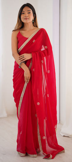Red and Maroon color Saree in Chiffon fabric with Bugle Beads, Moti, Sequence work
