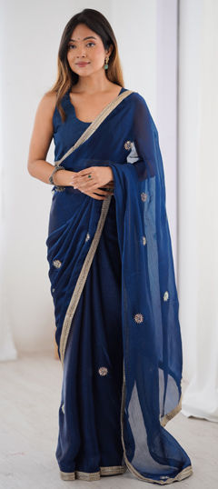 Blue color Saree in Chiffon fabric with Bugle Beads, Moti, Sequence work