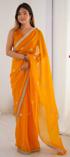 Yellow color Saree in Chiffon fabric with Bugle Beads, Moti, Sequence work